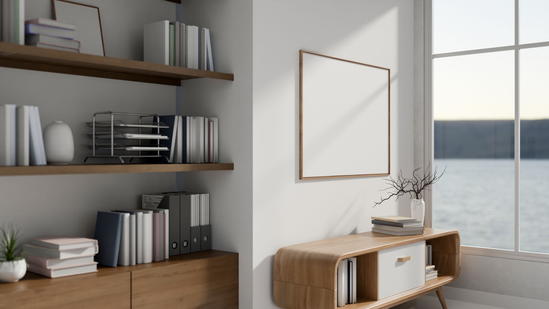 The interior design of a contemporary minimalist room featuring wooden furnitures.