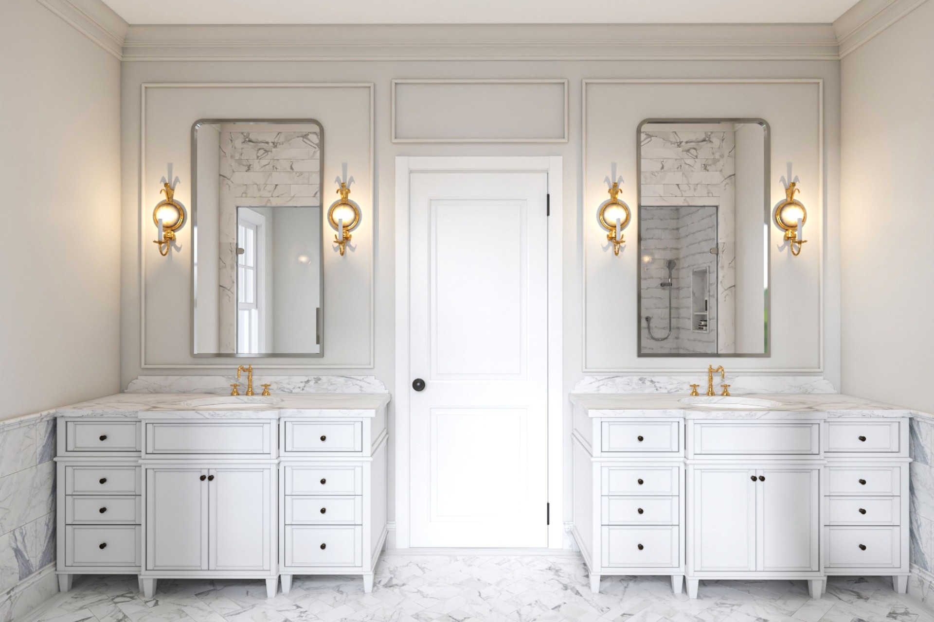 Elegant Dual Vanity Bathroom Design With Marble Accents and Wall Sconces
